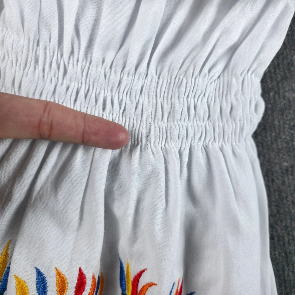 Mexican Peasant Dress Kids Size 6 White Floral Bird Embroidered Boho